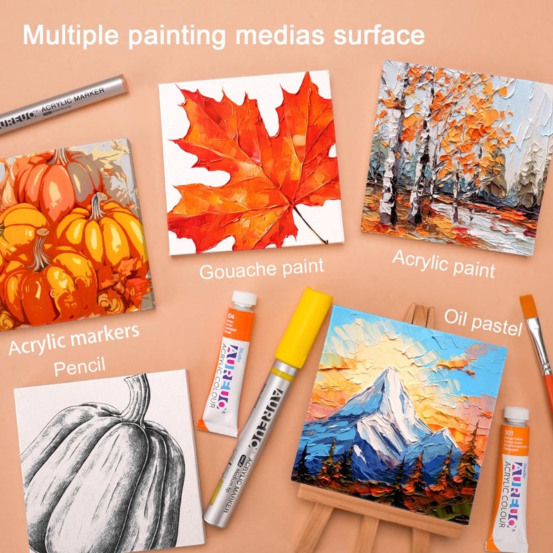 AUREUO Mini Canvas and Easel Set - 3x3 Inch/ 12 Pack - 2/5 Inch Profile Small Square Canvas with Display Stand - Art Gift Set Bulk Pack Canvases for Acrylic Painting & Craft - Image 4
